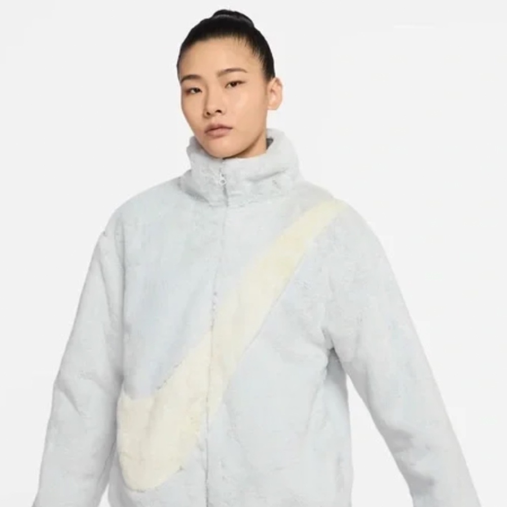 Nike Womens Faux Fur Oversized Swoosh Logo Jacket